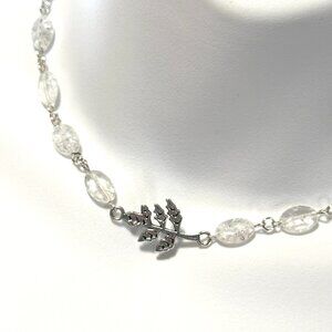 Clear Crackle Quartz Short Necklace, Gemstone & Cute Leaf Branch Pendant